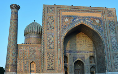 Samarkand. Uzbekistan. September 2019. The ancient architectural complex - Registon. Mosque, madras, minaret.