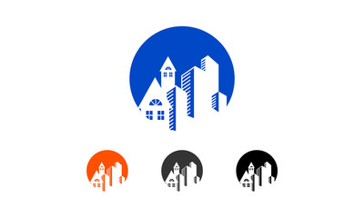 Modern Cityscape Logo Design: Blue Circle, Minimalist Style, Urban Development Concept, Corporate Branding, Real Estate Icon.