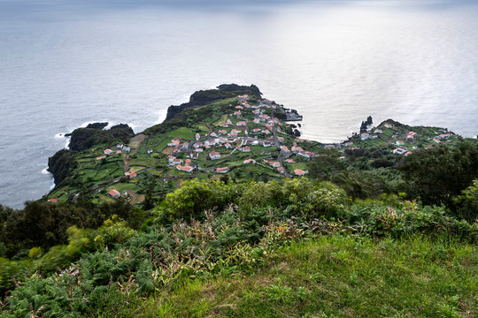 View on the village of Faj&atilde; do Ouvidor, a permanent debris field, built from the collapsing cliffs on the northern coast of the civil parish of Norte Grande