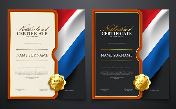 Set of patriotic achievement certificate with Netherland flag, luxury elegant gold style cover