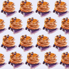 Hand painted watercolor delicious pancakes with blackberries breakfast seamless pattern texture
