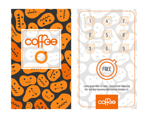 Loyalty coffee card. Template in Halloween mood with curved pumpkins.