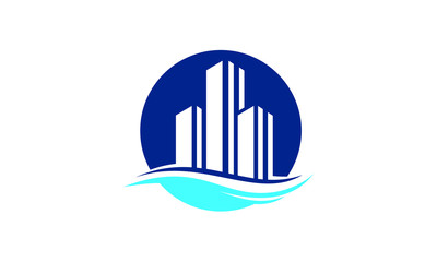 Modern blue logo featuring abstract skyscrapers and water waves