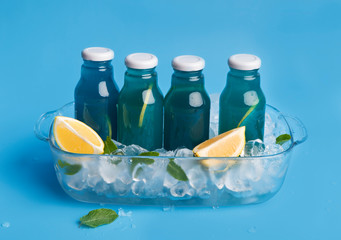 Close up of refreshing blue iso drink for drinking in summer