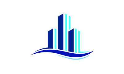 Modern abstract logo design featuring three stylized skyscrapers with flowing blue water waves