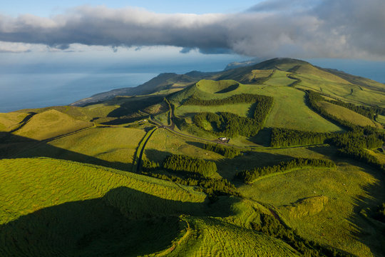 Aerial image showing the volcanic mountains of the San Jorge Island in the Azores, near pico de la Esperanza