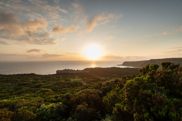 Amazing green landscape at sunrise at the mirador de Alagoa of the Agualva coastline on Terceira, Azores