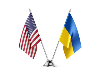 Desk flags, United States  America  and Ukraine, isolated on white background. 3d image