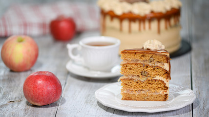 A piece of walnut cake with apples, close-up.
