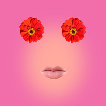 collage of contemporary art. women's lips and flowers like eyes.