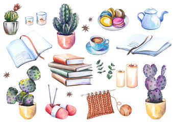 Set of cozy home elements, books, house plants, coffee cups, candles and knitting. Watercolor illustration isolated on white background.
