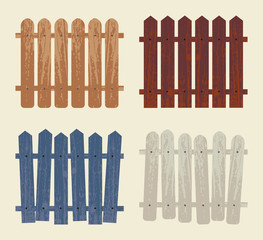 Set of cartoon wooden fences. Colorful vector illustration of sections of a fence with effect of an aged tree. For the design of postcards, posters, computer games and websites.