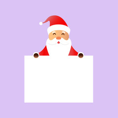 Vector cartoon isolated Santa Claus character with white blank speech template for invitation decoration and covering on the bright background. Concept of Merry Christmas and Happy New Year.