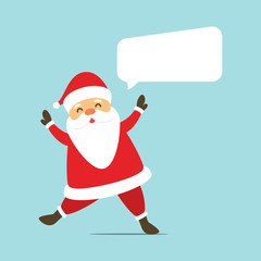Vector cartoon isolated Santa Claus character with white blank speech template for invitation decoration and covering on the bright background. Concept of Merry Christmas and Happy New Year.