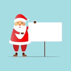 Vector cartoon isolated Santa Claus character with white blank speech template for invitation decoration and covering on the bright background. Concept of Merry Christmas and Happy New Year.
