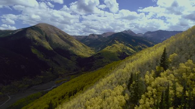 Colorado's Aspen Trees turning in the Fall. Drone Aerial Footage over the mountains between Aspen and Crested Butte 