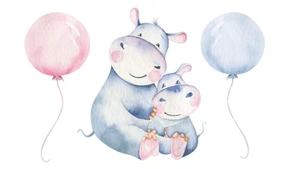 Handgezeichnete, niedliche, isolierte, tropische Sommeraquarell-Nilpferde. nilpferd baby und mutter cartoon tierillustrationen, dschungelbaum, brasilien trendiges design. Aloha-Sammlung. © kris_art