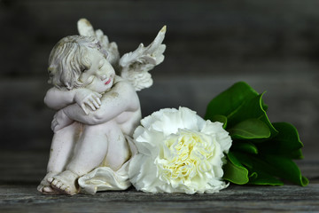 Guardian angel and white carnation flower on wooden background