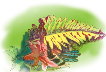 sketch of a secluded corner of the garden with a fairy girl drinking nectar from a flower