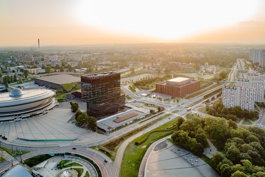 Aerial drone view of Katowice at sunrise. Katowice is the largest city and capital of Silesia voivodeship.