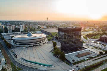 Aerial drone view of Katowice at sunrise. Katowice is the largest city and capital of Silesia voivodeship. - obrazy, fototapety, plakaty