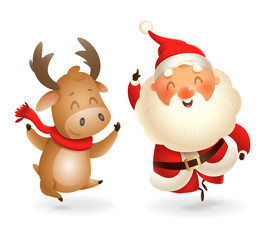 Santa Claus and Moose - happy expression - point finger up - vector illustration isolated on transparent background