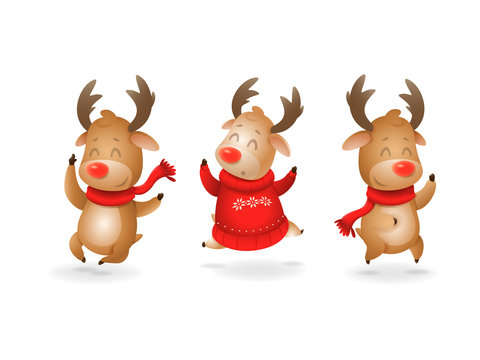 Cute three Reindeer celebrate winter holidays happy expression - they jumping up - vector illustration isolated on transparent background