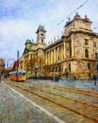 Fototapeta premium Digital oil painting on canvas old european architecture view. Historical touristic place and buildings. Modern impressionism art. Artistic bush strokes artwork of europe travel. Postcard design print