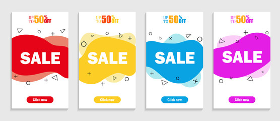 Set of sale abstract banners with modern flat fluid wave for mobile app. Template of special offer and discount banner sale up to 50. vector