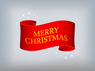 Red scroll Merry Christmas for winter greeting card. Ribbon for new year of happy holiday. Celebration banner of Merry Christmas. Curved scroll for greeting poster to new year. vector