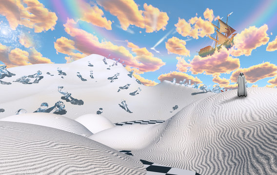 Surreal desert with chess figures. Figure in cloak. Ancient ship in the sky