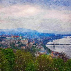 Digital oil painting on canvas old european architecture view. Historical touristic place and buildings. Modern impressionism art. Artistic bush strokes artwork of europe travel. Postcard design print