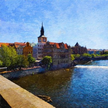 Digital oil painting on canvas old european architecture view. Historical touristic place and buildings. Modern impressionism art. Artistic bush strokes artwork of europe travel. Postcard design print
