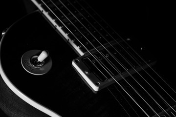 electric guitar, black & white, close-up
