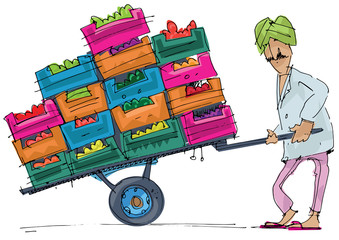An indian market worker in turban pushing huge trolley full of boxes with oranges. Caricature. Character