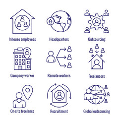 In-Company and Outsource Icon Set with headquarters, and freelancers, etc