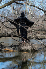 Hooded woman in black robes standing on a tree stump in the middle of a swamp. Halloween and Gothic concept. Witchcraft and magic. Witches.