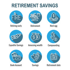 Retirement Savings Icon Set - money bags, nest egg, calendar and more