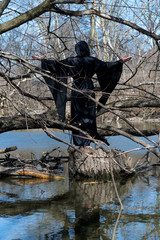 Hooded woman in black robes standing on a tree stump in the middle of a swamp. Halloween and Gothic concept. Witchcraft and magic. Witches.