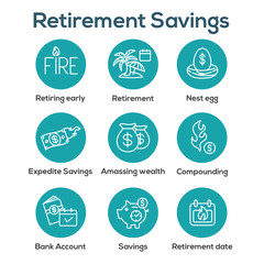 Retirement Savings Icon Set - money bags, nest egg, calendar and more