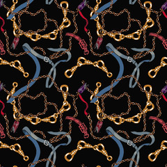 Vector seamless pattern with braids, chains, belts on black background. Fashion wallpaper. Perfect for textile design