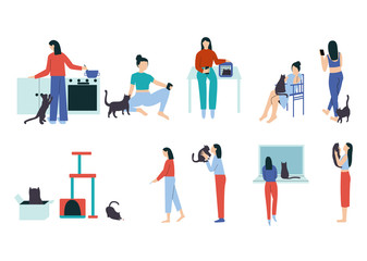 Woman performing different activities with her cat - asking for food, sitting, waiting for veterinarian, walking, playing , kissing. Spending time with cat collection, Flat vector illustration