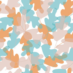 Overlapping Leaf design, vector seamless pattern. Transparent leaf design in unique fall colors.