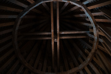 Abstract background of wooden roof with big round.