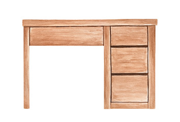 Wooden desk watercolour illustration. Traditional furniture for student, pupil, stationary computer, 