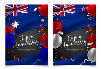 Happy anniversary cover layout with flag of Australia and New Zealand, balloon and confetti background. party, holiday, national scale celebration, Flyer, card, banner, brochure template