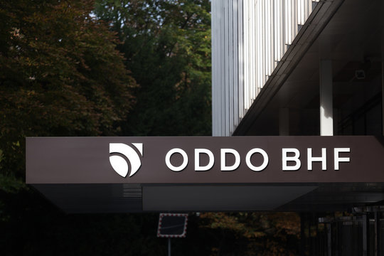 frankfurt, hesse/germany - 11 10 18: oddo bhf building sign in frankfurt germany