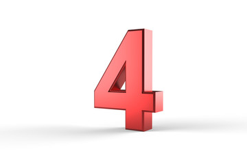 3D Red Number 4 Isolated White Background