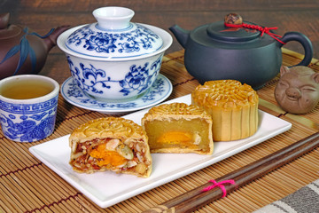 Moon cake for Mid autumn festival (Zhongqiujie or Zhongqiu festival) , Retro vintage style of Chinese traditional food and dessert. (Moon cake is call 
