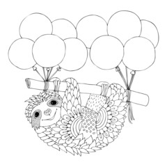 Cute smiling sloth hanging on a branch. Sloth flies on an airship from balloons. Vector illustration for adult coloring page. May be used for print on t-shirt, wallpaper or postcard.